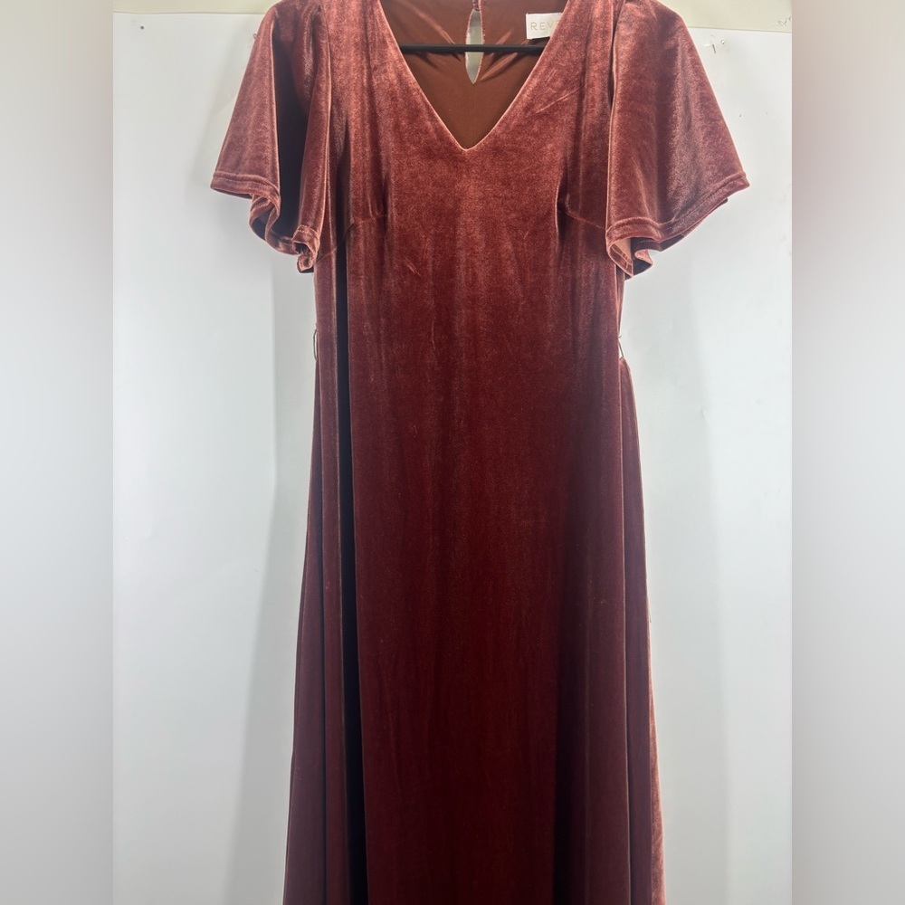 NWOT Revelry Reese Velvet Belted Ruffle‎ Sleeve Dress Terracotta Orange Brown XS